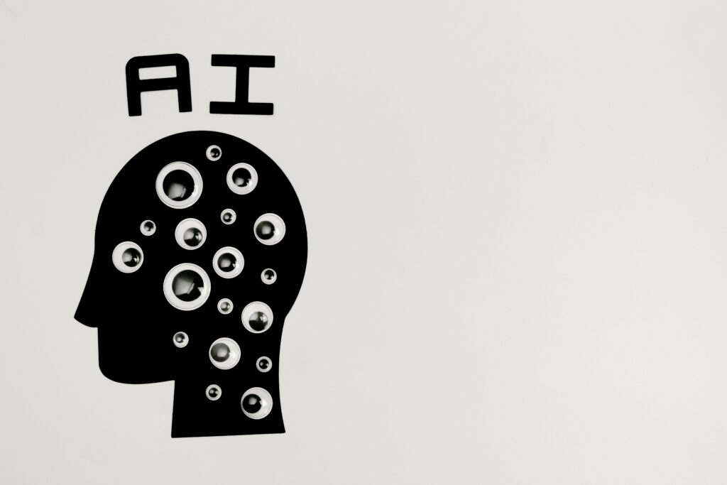 A Company That Changed the World Abstract illustration of AI with silhouette head full of eyes, symbolizing observation and technology.